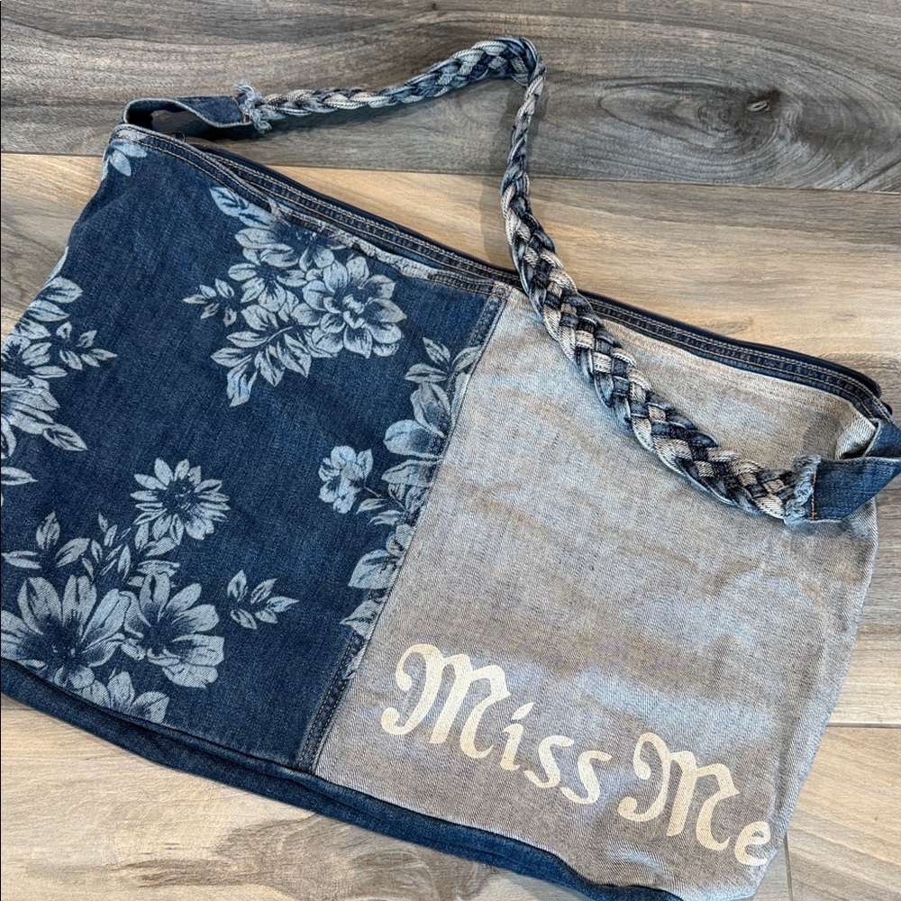 Miss Me Denim Tote with Floral Design